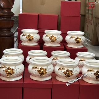 Lư hương bát nhang thờ cúng bằng sứ trắng sen nổi 5-6-7-inch