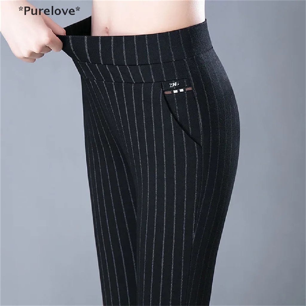 Quần Dài Ống Bút Chì Lưng Thun Họa Tiết Kẻ Sọc Thời Trang Thanh Lịch
