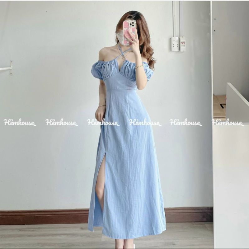 MAXI XANH RỚT VAI DÂY CỔ YẾM CUTOUT LƯNG BOCHUN