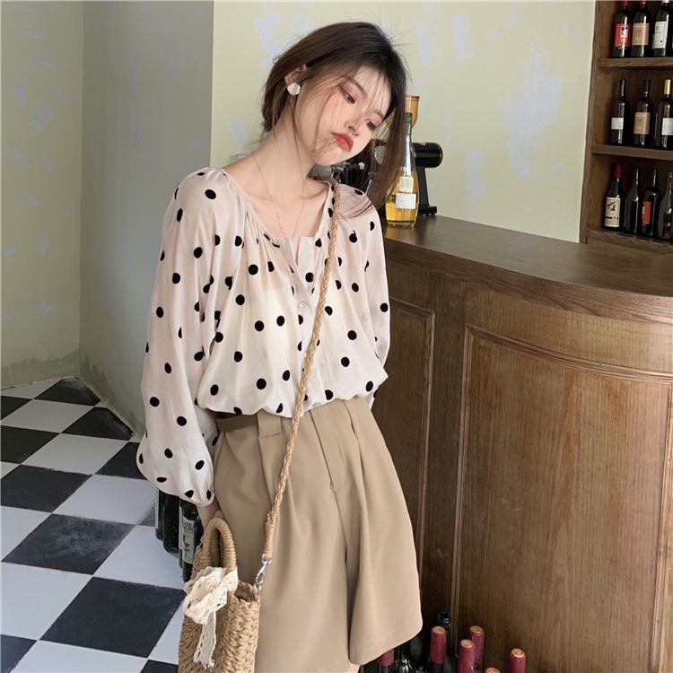 Set Áo Sơ Mi Tay Dài Dáng Rộng Họa Tiết Chấm Bi Phối Chân Váy Lưng Cao Phong Cách Retro Phương Tây