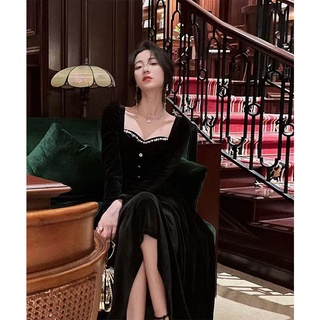 Đầm midi nhung đen dáng ngắn/dài phong cách retro Pháp cho nữ