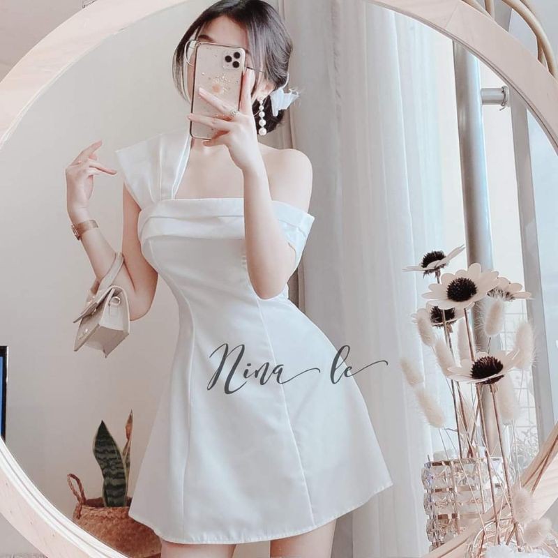 Váy dự tiệc lệch vai 2 màu trắng đỏ