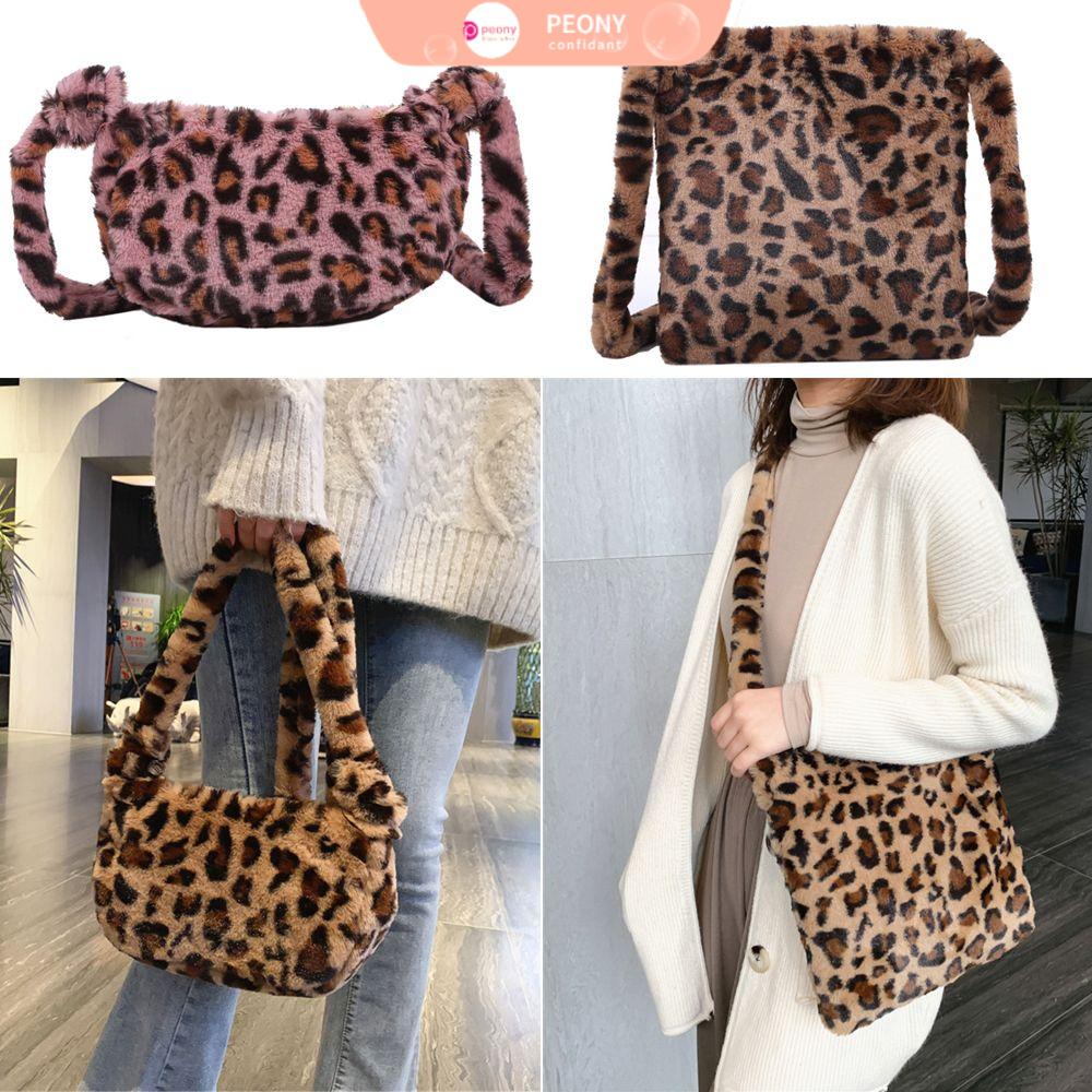 ❈Hoa Mẫu Đơn❈ Túi Đeo Chéo Lông Xù Họa Tiết Da Báo Sức Chứa Lớn Thời Trang Thu Đông Dành Cho Nữ