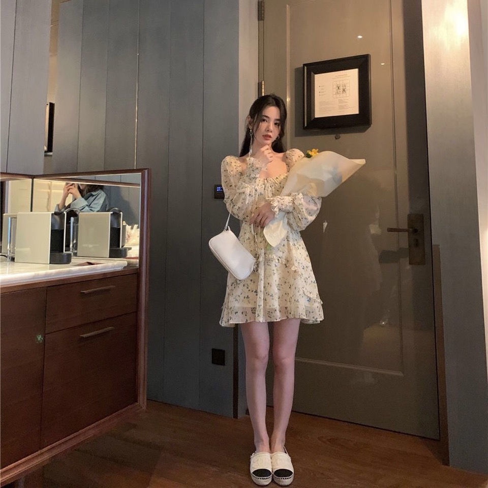 Đầm voan COZOKC cổ vuông in hoa xinh xắn thời trang cho nữ