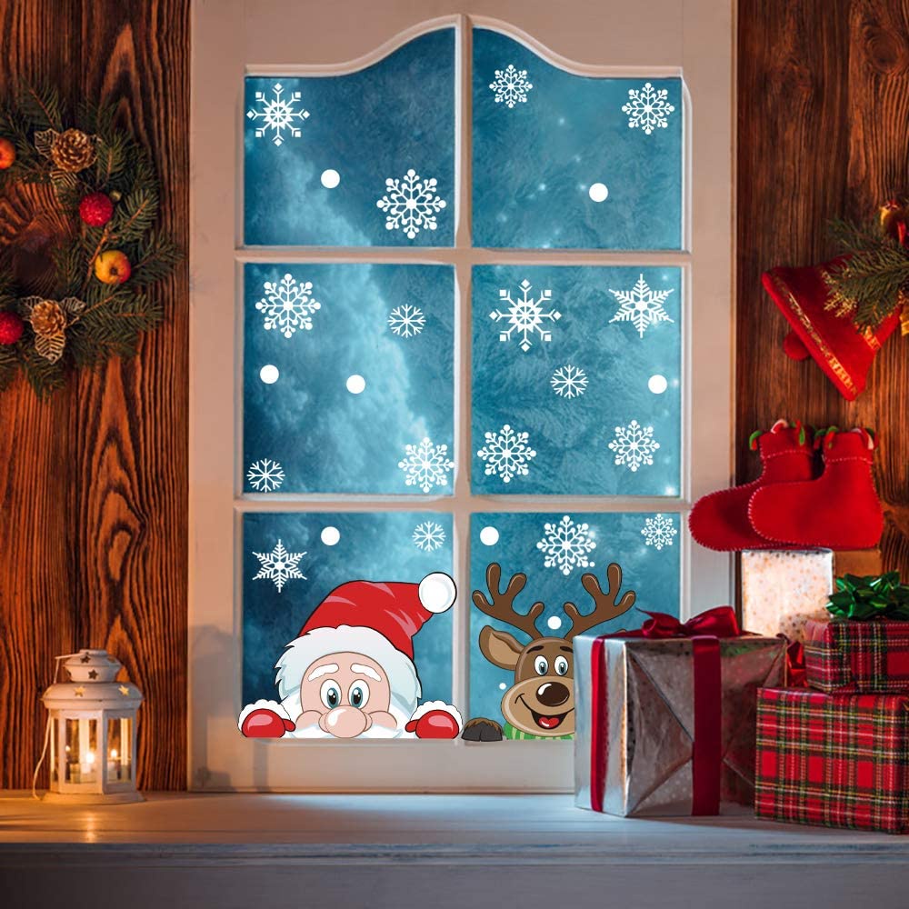 Miếng dán cửa kính hai mặt hình bông tuyết/ông già noel và tuần lộc màu sắc tĩnh điện trang trí phòng khách