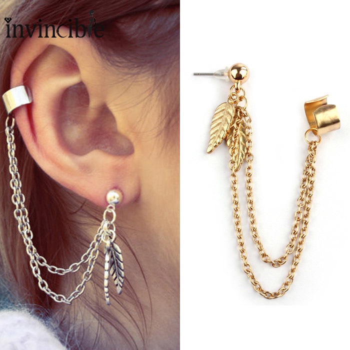 Multilayer Leaf Chain Tassel Ear Cuff Wrap Earring/ Stylish Punk Rock Metal Ear Clip Women Girl's Jewelry Accessories