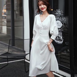 Đầm váy freesize trắng nút bọc bo eo