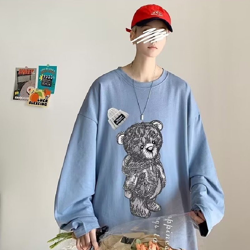 Áo Thun Tay Dài Dáng Rộng In Họa Tiết Gấu Hoạt Hình Thoải Mái Thời Trang Cho Nam Và Nữ size M-5XL