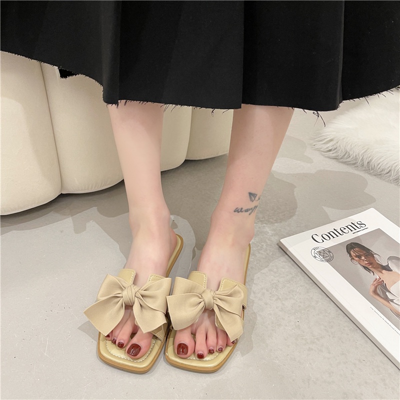 Dép lê đi biển XIELUAIZTA 01125 mũi vuông thắt nơ phong cách Hàn Quốc thời trang dành cho nữ