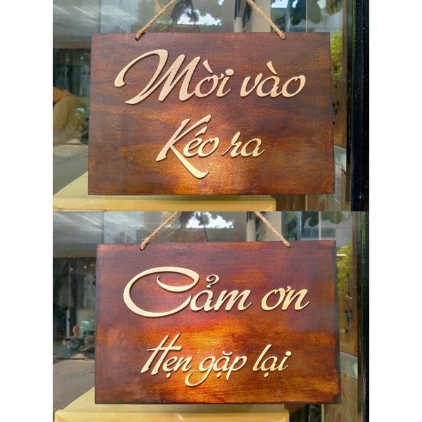 (TẶNG móc treo dán tường/kính) Bảng gỗ dán chữ gỗ 2 mặt nội dung "Mời vào/Cảm ơn" 3 mẫu xinh xắn + kèm dây treo - LUMY