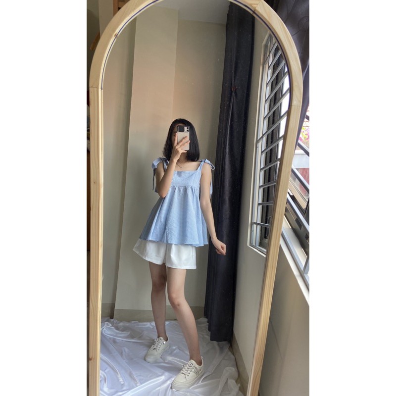 [Ảnh thật/video] Sét áo babydoll 2 dây buộc nơ vai kẻ caro kèm quần sooc - Sét áo váy tiểu thư xinh xắn (hình thật/sẵn)