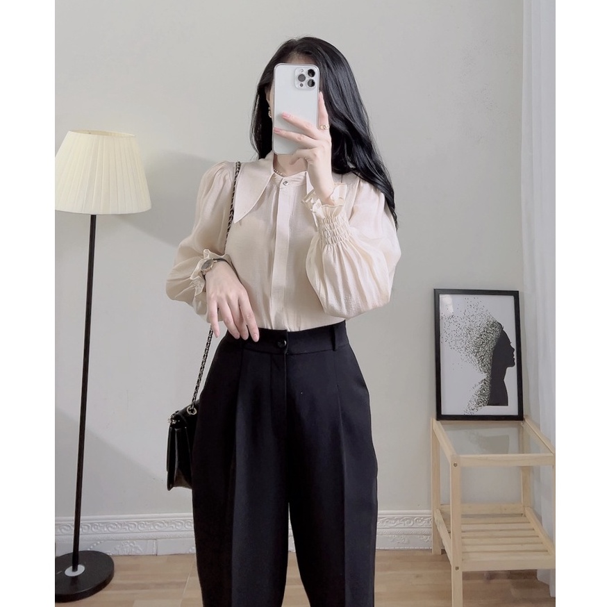 Áo sơ mi nữ ZYM'S HOUSE dài tay bèo cổ phối cúc ngọc - K381