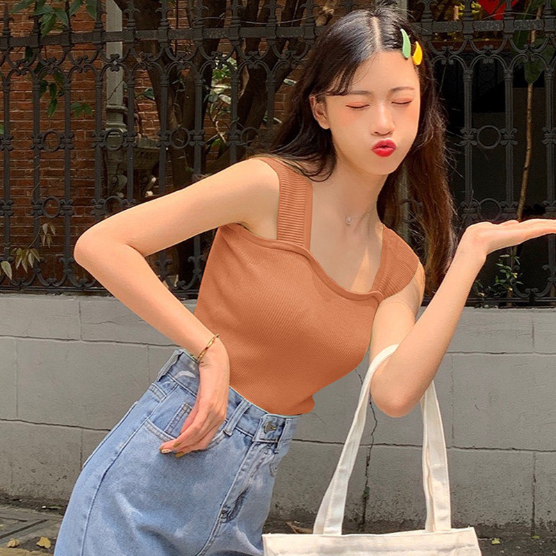 Áo Tank Top dệt kim thiết kế cổ vuông quyến rũ