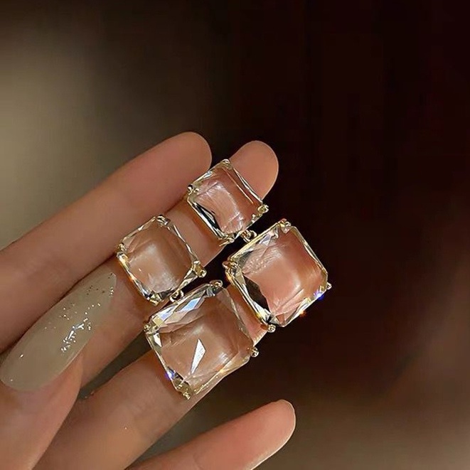 Khuyên Tai Hai Mặt Vuông Đính Đá Pha Lê Trong Suốt Thời Trang 2022