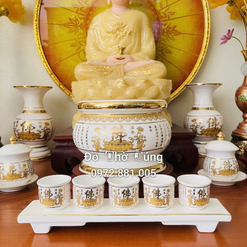 Bộ bát hương thờ phật men trắng chữ vàng kim cao cấp