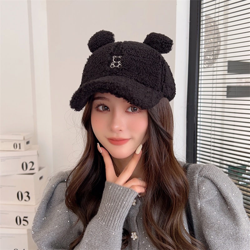 Mũ Lưỡi Trai Len Lông Cừu Đính Tai Gấu Dễ Thương Thời Trang Thu Đông Cho Nữ