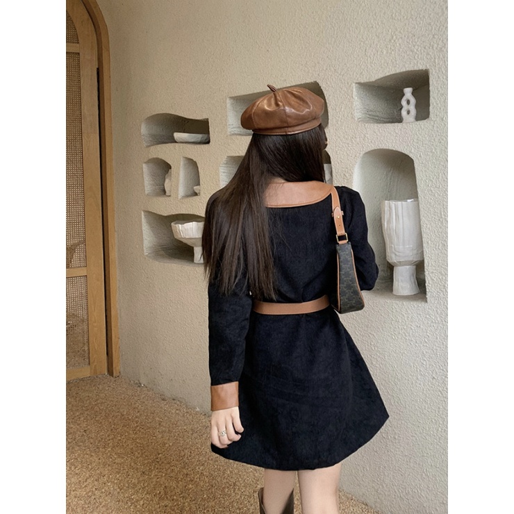 Váy Blazer Nhung Retro Dài Tay Phối Da Chanh Xả