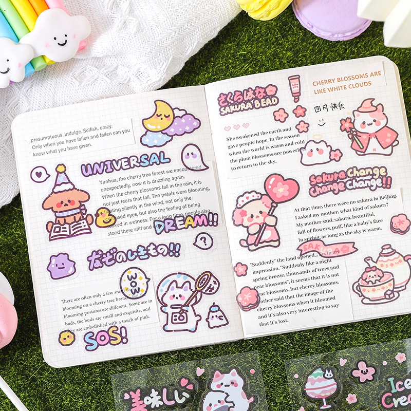 Túi 20-25 tấm sticker PE trong suốt ĐỘNG VẬT DỄ THƯƠNG trang trí bullet journal decor thư thiệp quà, vật dụng