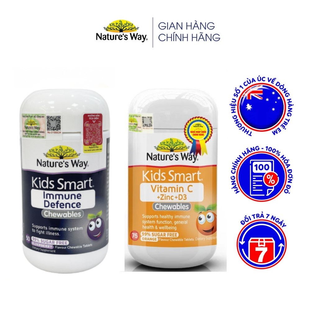 Combo 2 Viên Nhai NATURE'S WAY Kids Smart Vitamin C+ZinC+D3 Và Immune Defence Bổ Sung Vitamin Tăng Cường Miễn Dịch