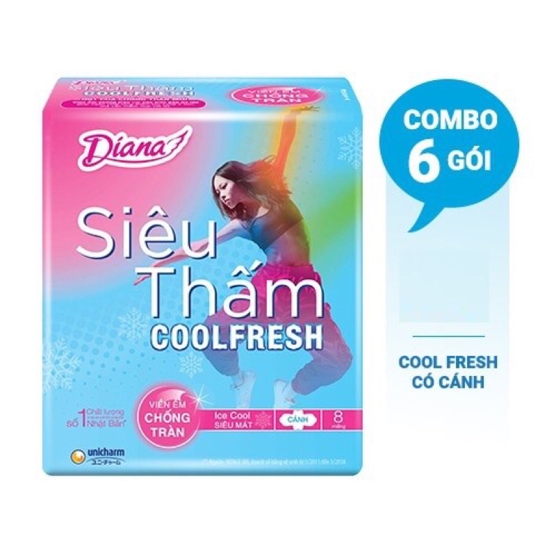 Bộ 6 gói Băng Vệ Sinh Diana siêu thấm COOL FRESH cánh 8M