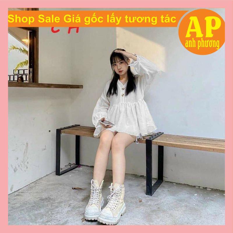 Áo sơ mi babydoll Cúc gỗ có ảnh thật sp