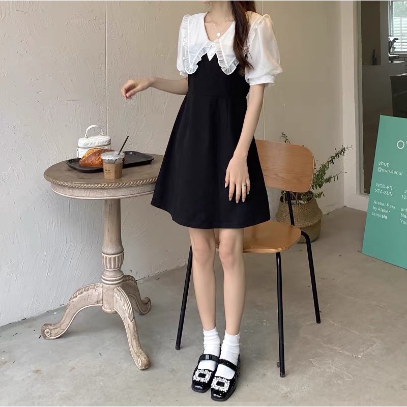 Váy phối tay voan 2 màu cổ bèo