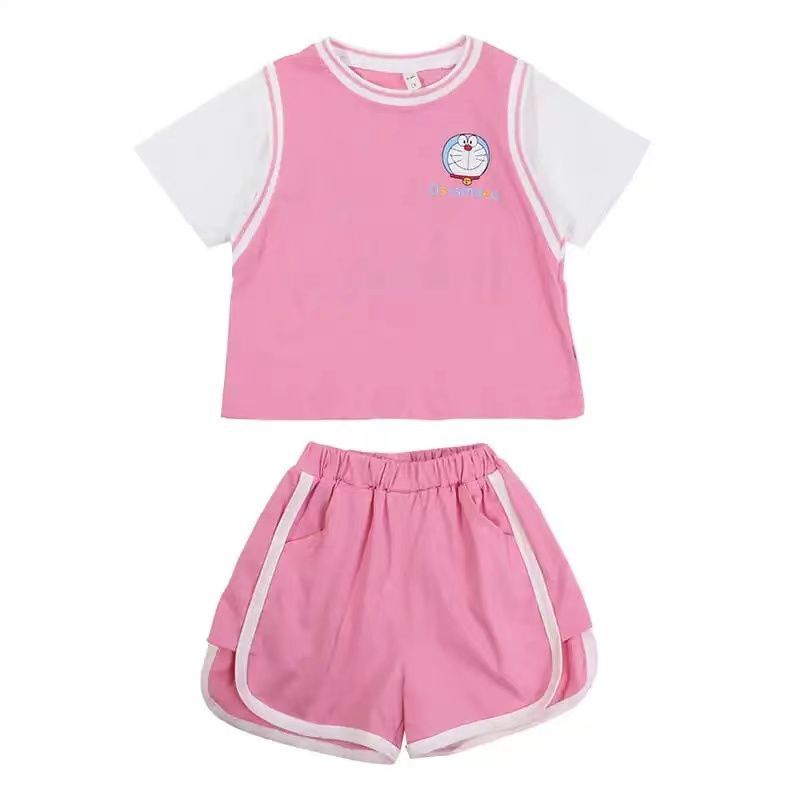 Bộ Áo Thun Ngắn Tay In Hoạt Hình + Quần Short Thời Trang Mùa Hè Hàn Quốc 2023 Cho Bé Gái