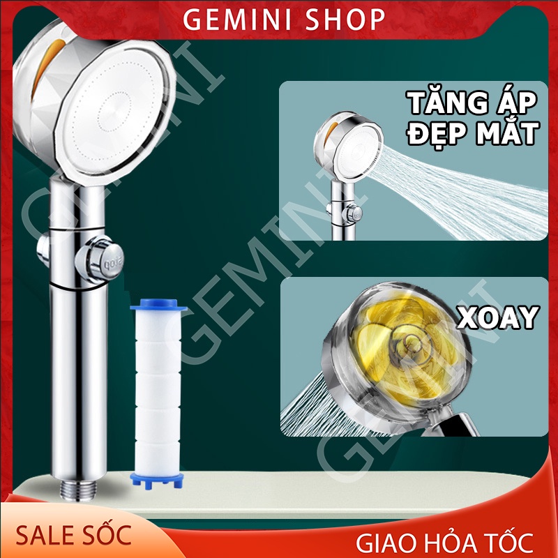 Bát sen Đầu vòi sen tăng áp DB011 cánh quạt đầu xoay 360 độ đầu vòi hoa sen có nút nhấn stop tắt bật GEMINI SHOP