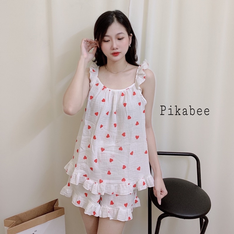 Bộ Ngủ, Pyjama Hai Dây Xô Muslin Nhật Tim Đỏ