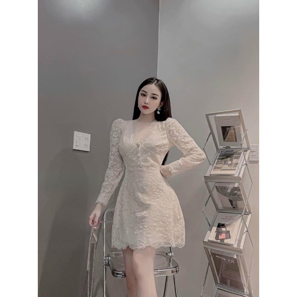 Đầm ren trắng tay dài cổ V nút ngọc, váy ngắn dáng chữ A quý phái tiểu thư, hàng tk hotgirl đi chơi dự tiệc sang trọng