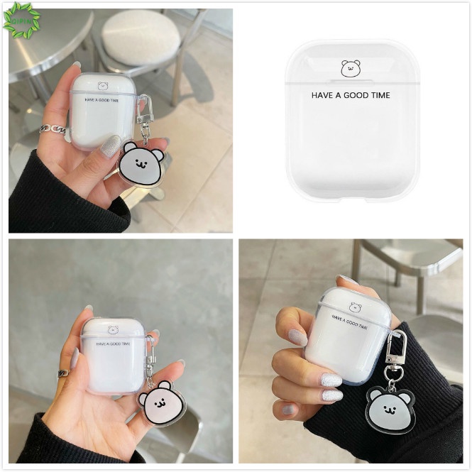 Vỏ Bảo Vệ Hộp Sạc Tai Nghe  1 / 2 Trong Suốt Hình Gấu Kèm Dây Đeo Sợi Xích Mềm