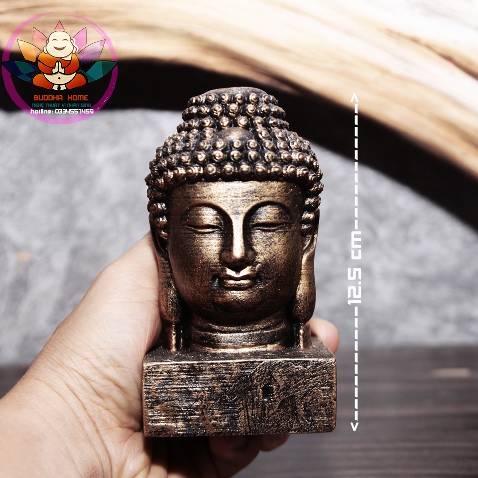 ☘️Tượng đầu Phật Thích Ca Mâu Ni trang trí màu vàng đồng size nhỏ 10cm- trung 12.5cm- lớn 15cm