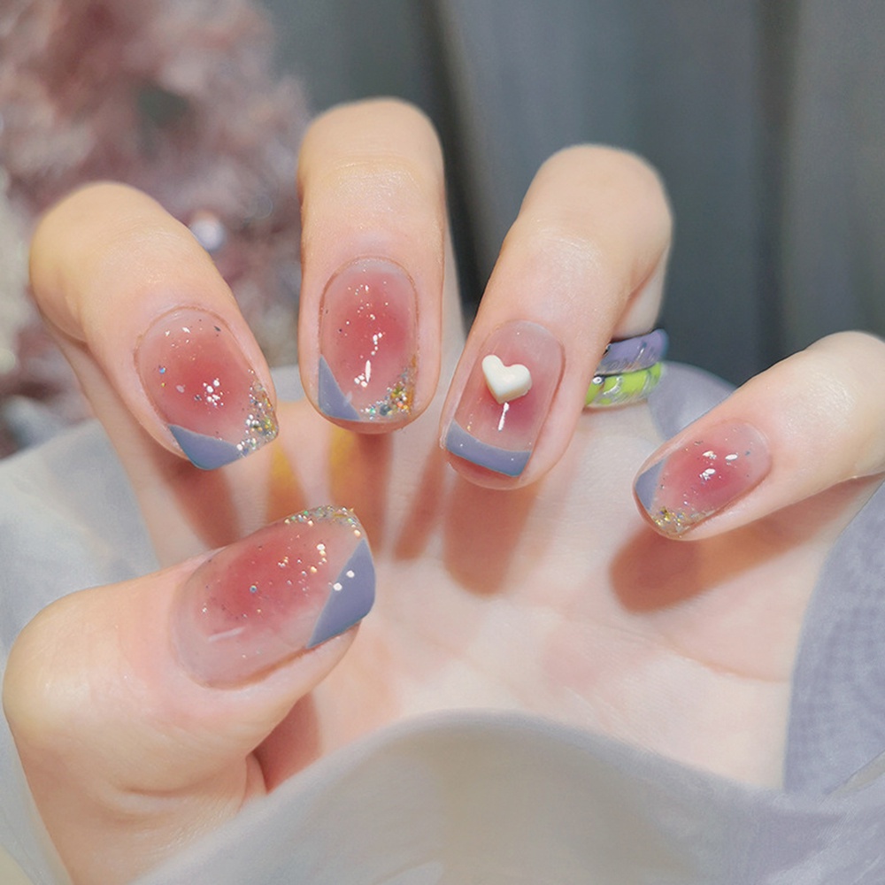 Bộ 24 Móng Tay Giả Ngắn Màu Hồng Che Phủ Toàn Diện