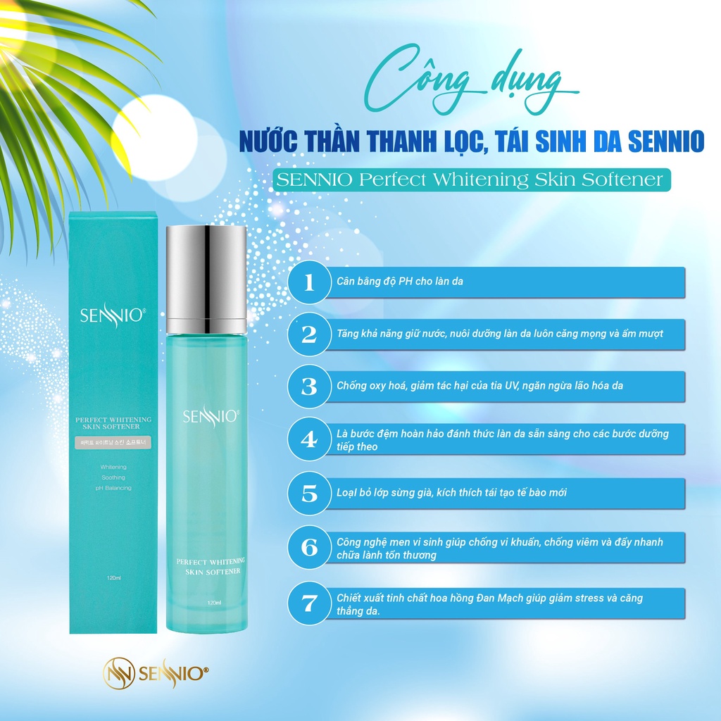 Nước hoa hồng tái sinh và phục hồi da SENNIO thu nhỏ lỗ chân lông, làm trắng da - Sennio Perfect whitening Skin Softner