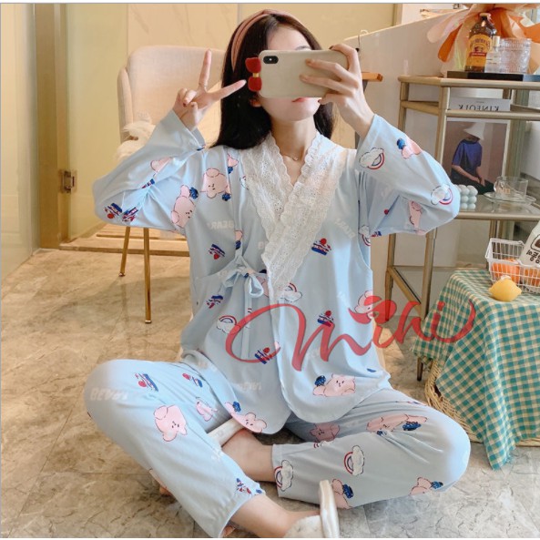 Đồ bộ bầu mặc nhà cotton KIMONO - Bộ bà bầu và sau sinh cho con bú ti - Quần áo mùa hè thời trang cho mẹ giá rẻ Bigsize