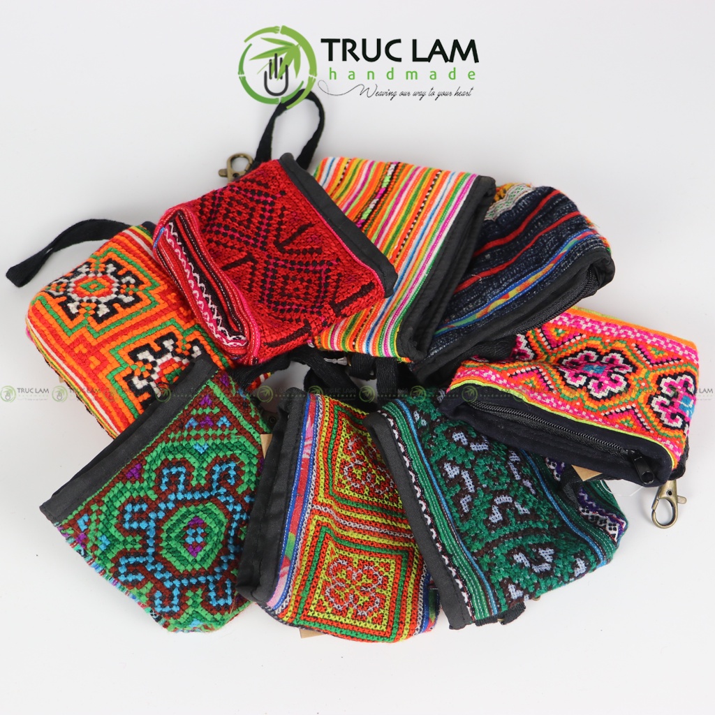 Ví Xu Mini Cầm Tay Móc Chìa Khóa Vải Thổ Cẩm Thêu Tay Trúc Lâm Handmade