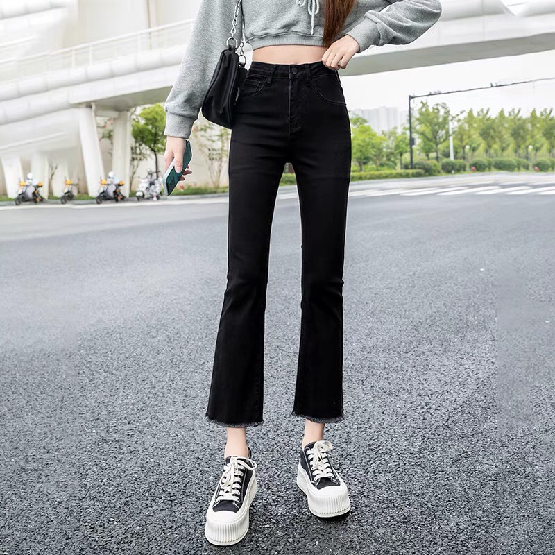 Quần bò ống loe lưng cao⚡𝑯𝒂̀𝒏𝒈 𝒄𝒂𝒐 𝒄𝒂̂́𝒑⚡ Quần jeans ống loe màu đen trơn co giãn  phong cách  Hàn Quốc | BigBuy360 - bigbuy360.vn