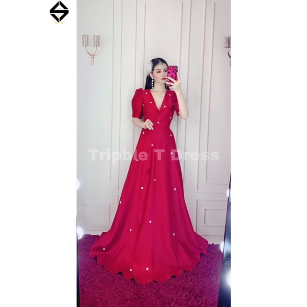 Đầm maxi mặc cưới xẻ đùi tay ngắn phồng kết hoa đá toàn thân váy TRIPBLE T DRESS - MS279Y