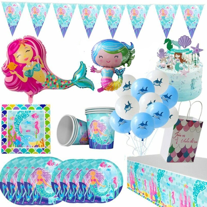Bộ Ly, Đĩa Chủ Đề Nàng Tiên Cá Theo Phong Cách Hoạt Hình Dùng Cho Tiệc Sinh Nhật