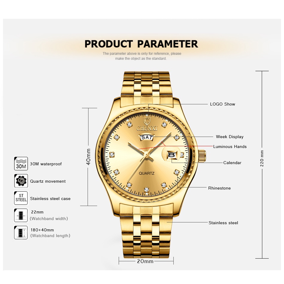Đồng Hồ Đeo Tay Bằng Thép Không Gỉ Mạ Vàng Sang Trọng CHENXI Dành Cho Nam