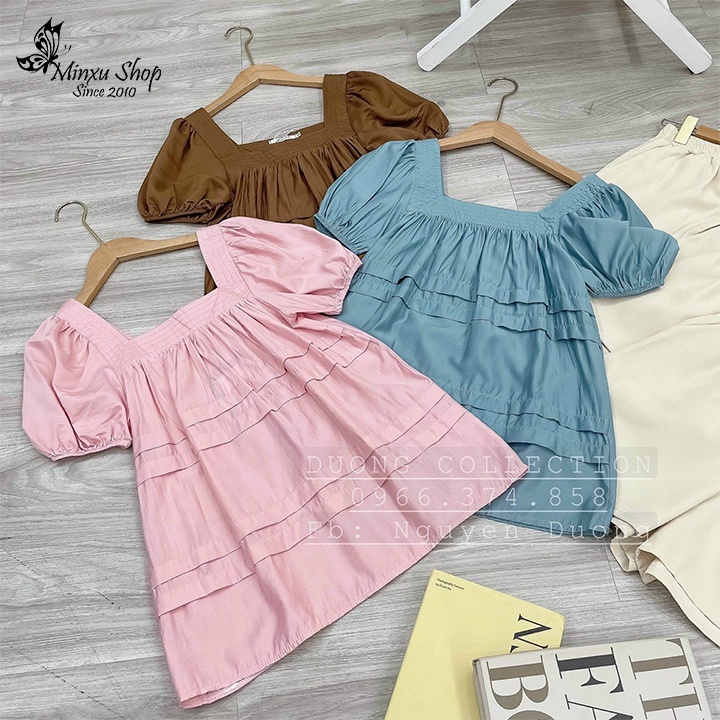 Set bộ nữ áo kiểu babydoll cổ vuông tay bồng phối quần short, thời trang nữ dự tiệc, dạo phố Minxu Shop SE07