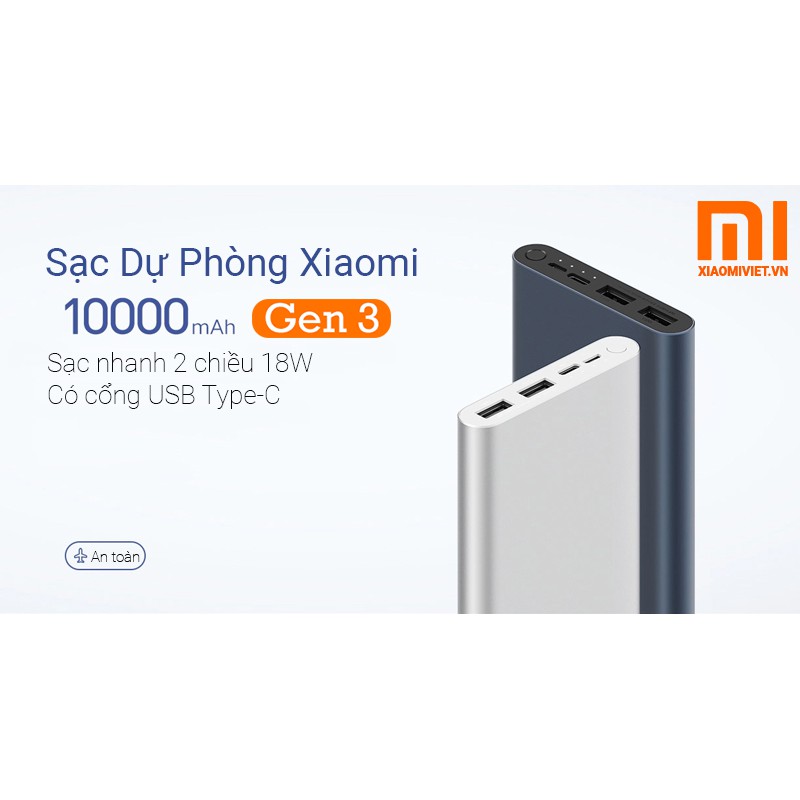 Pin sạc dự phòng 10000mAh Xiaomi gen 3,gen 2, hỗ trợ sạc nhanh, 2 cổng