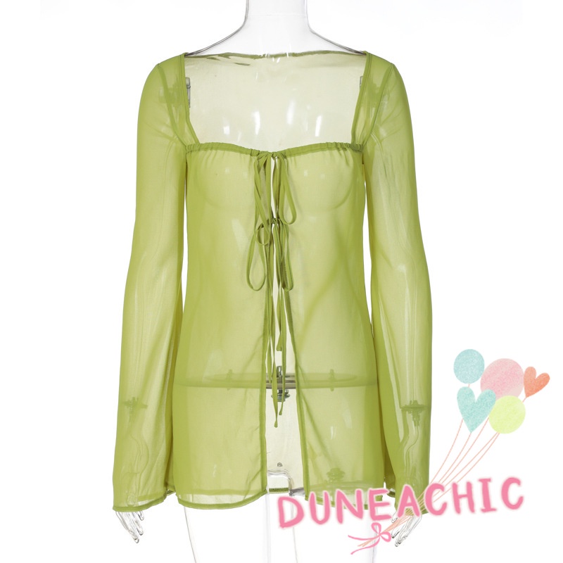 Áo Sơ Mi Tay Dài Cổ Vuông Xẻ Tà Thắt Dây Trẻ Trung Hợp Thời Trang Cho Bạn Gái