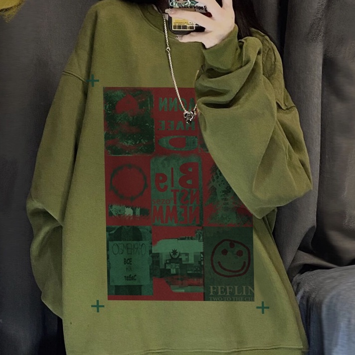 ZHELIHANGFEI Áo Thun Tay Dài Cổ Tròn Form Rộng Họa Tiết In Theo Phong Cách Retro