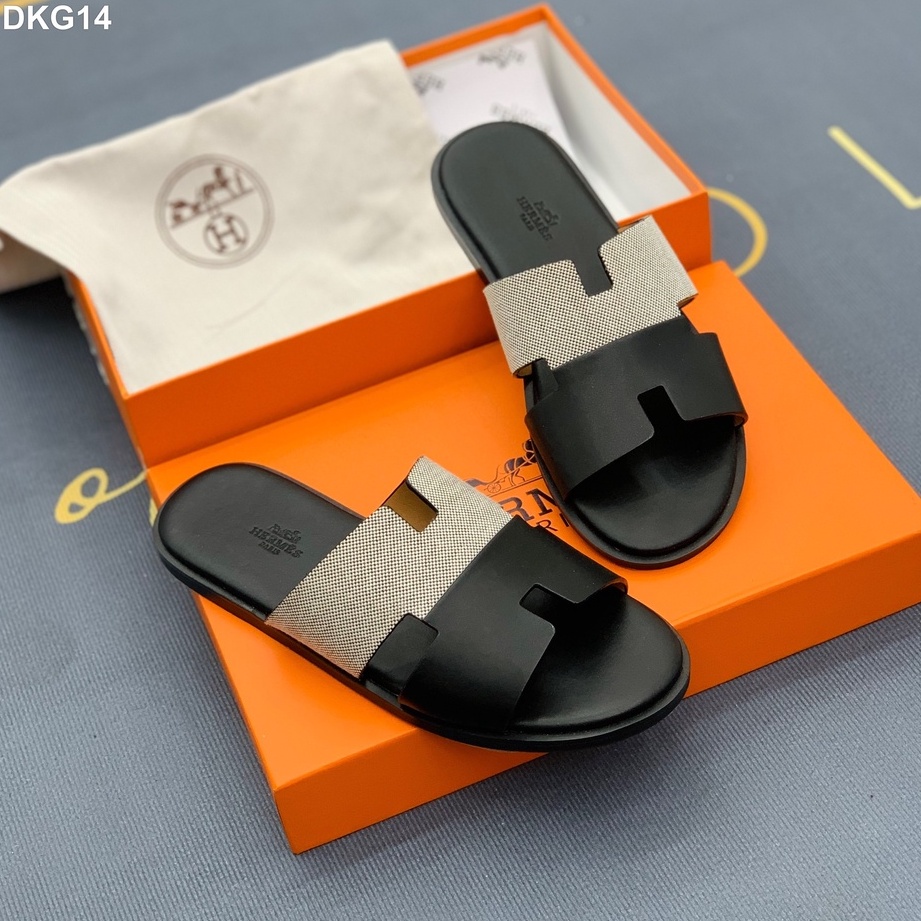 Dép lê quai ngang Hermes đế gỗ quai khâu phối 2 màu da bò LA on web fullbox
