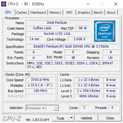 CPU Intel Pentium Gold G5400 3.7 GHz / 4MB / 2 Cores, 4 Threads