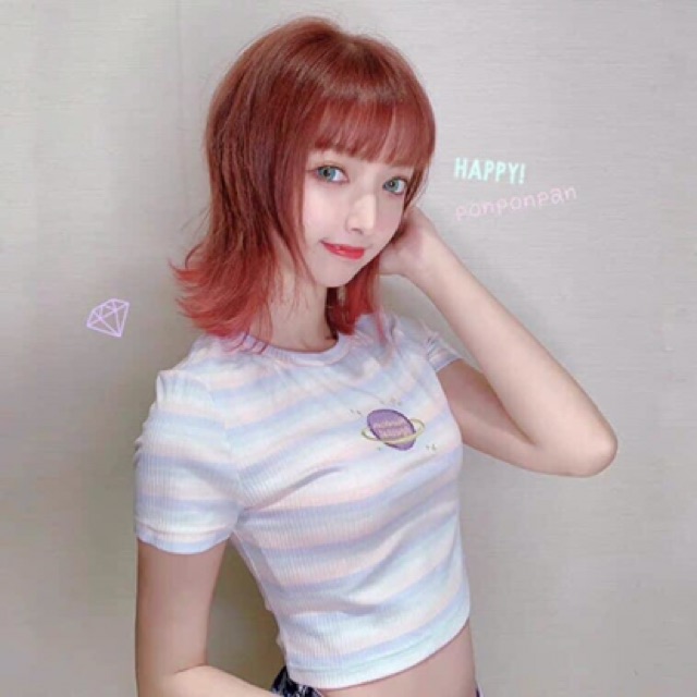 (Ảnh thật) Áo croptop borip màu pastel sọc hình hành tinh