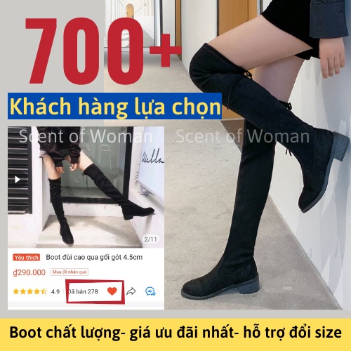 Boot đùi da lộn nữ thời trang dài qua gối mũi tròn gót vuông cao 4cm và 7cm