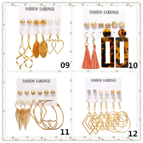 Set 6 cặp khuyên tai xỏ thiết kế tua rua kiểu dáng hình học đính đá pha lê ngọc trai phong cách retro cho nữ