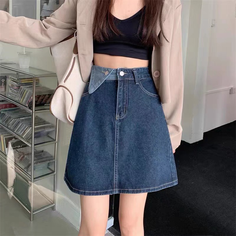 Chân váy cạp cao chữ A, chân váy jean kaki phong cách_V9